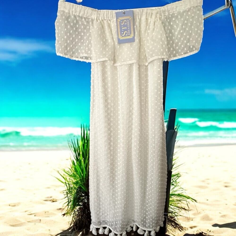 Sail to Sable NWT White Off the Shoulder Silk Swiss Dot Tassel Dress Size XS